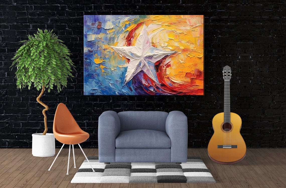 Abstract Texas Lone Star Flag Palette Knife Blue Gold Red Wall Art - Image 3