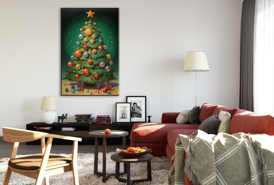 Festive Holiday Tree Illustration Giclee Print On Gallery Wrapped Artist Ready To Hang Available In Extra Large Sizes - Image 3
