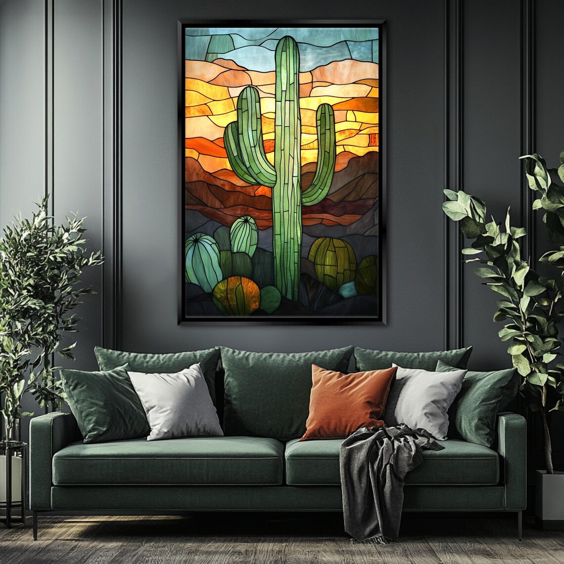 Stained Glass Lone Saguaro Cactus Wall Art Print - Image 3