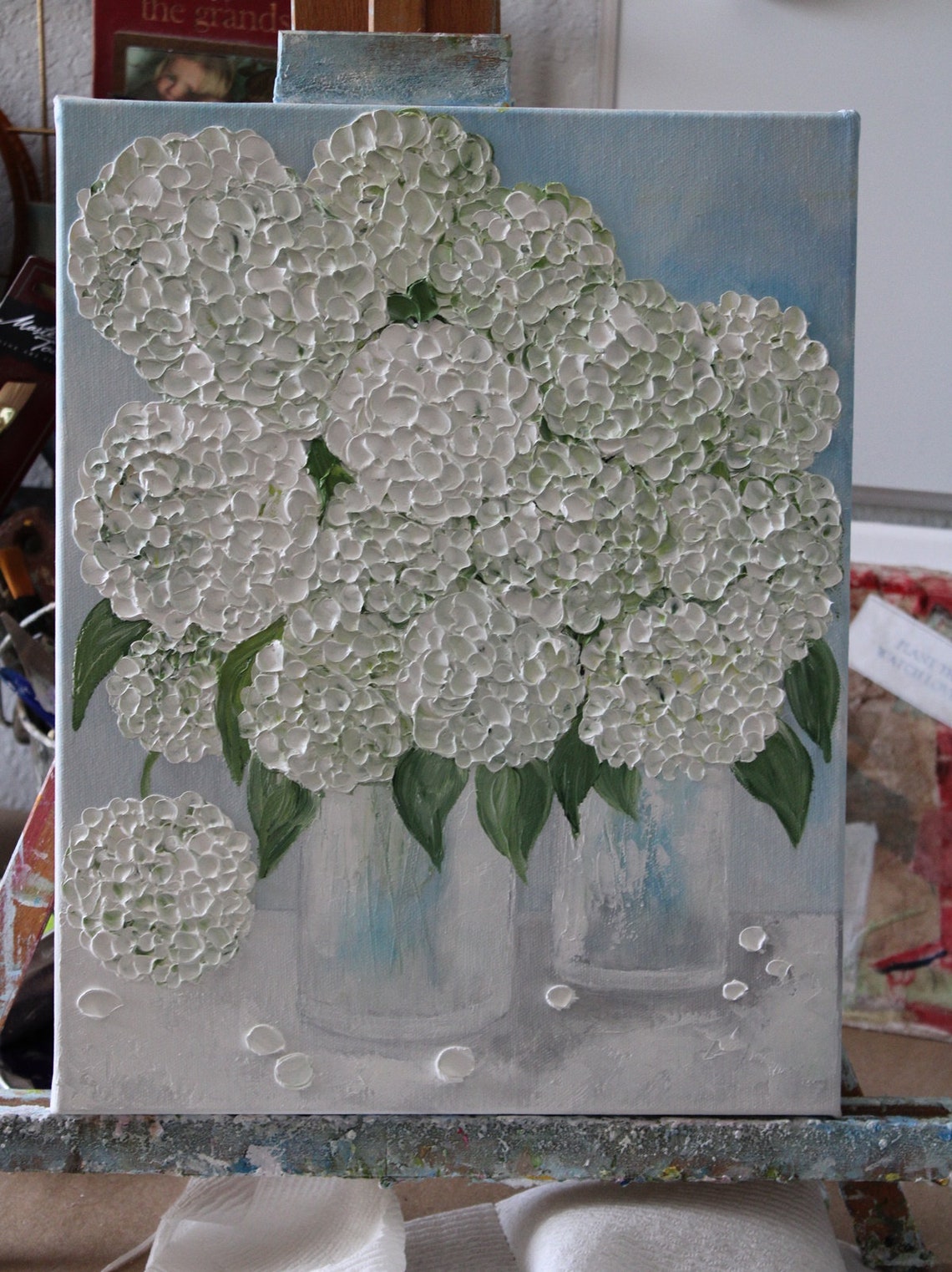 Double White Hydrangea Impasto Painting in Glass Vases Art Poster - Image 2