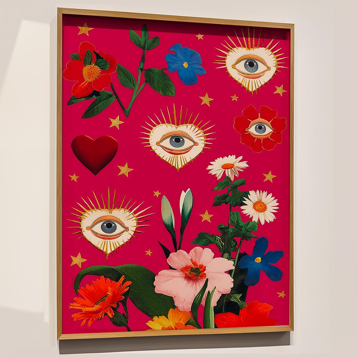 Magenta Maximalist Heart Eye Floral Collage Boho Eclectic Art Poster