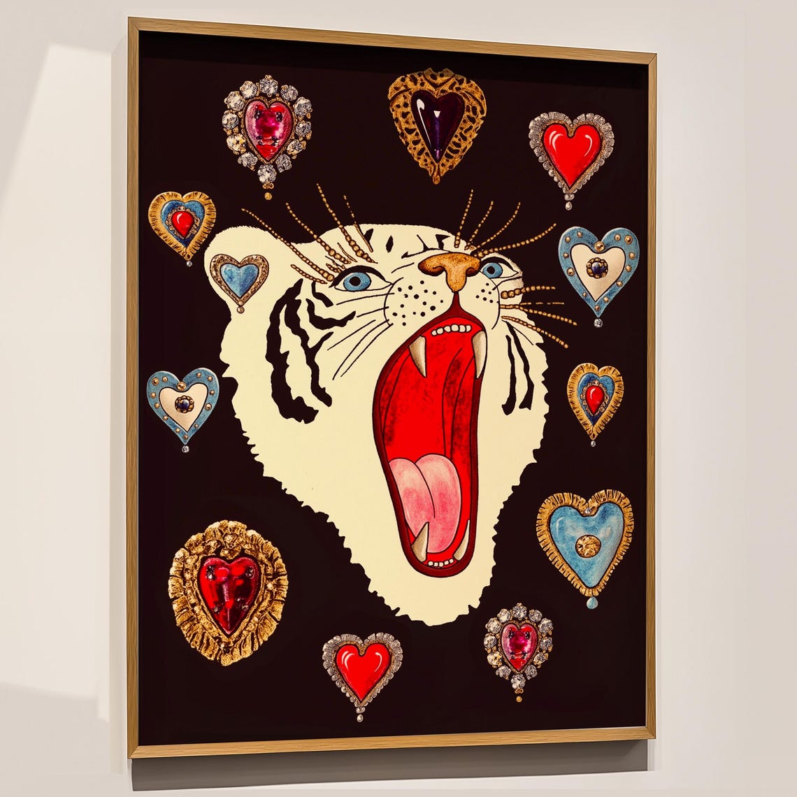 Roaring White Tiger with Jeweled Hearts Bold Eclectic Wall Art