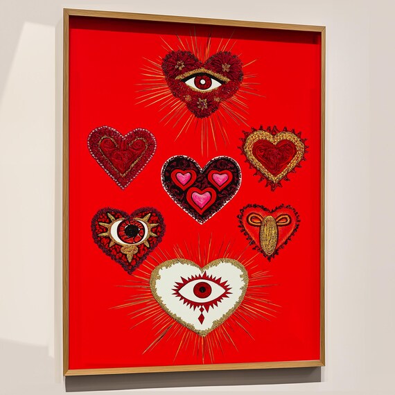 Bold Red Hearts Art Print Mystical Love Poster