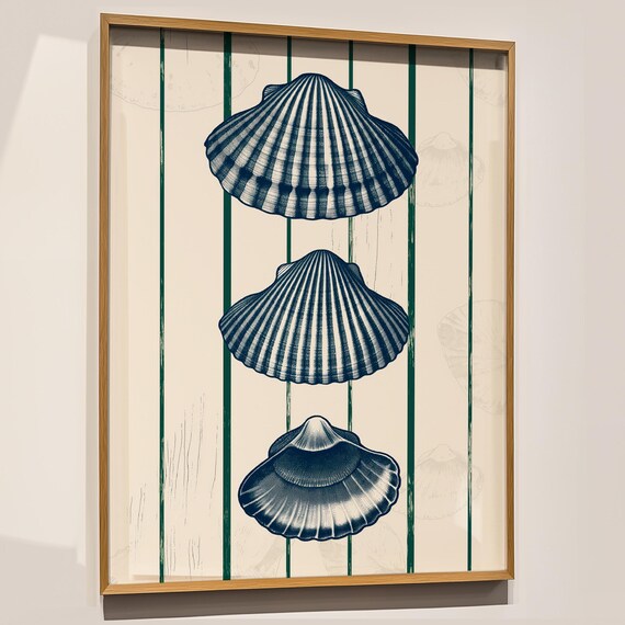 Navy Blue Scallop Shells Green Striped Background Coastal Nautical Art Poster