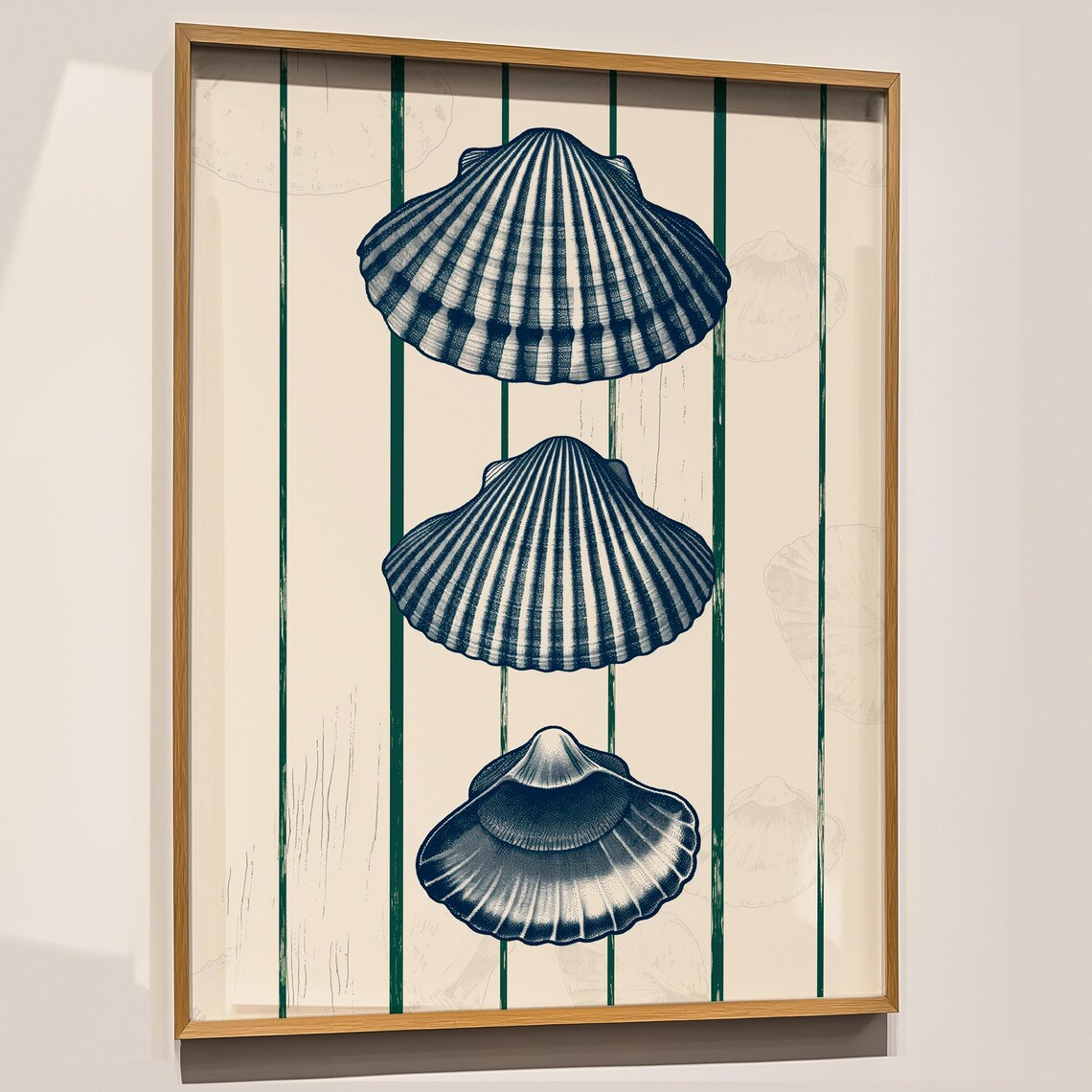 Navy Blue Scallop Shells Green Striped Background Coastal Nautical Art Poster
