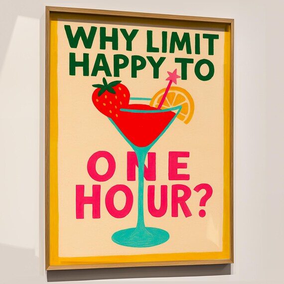 Happy Hour Cocktail Print Funny Bar Quote Eclectic Kitchen Art