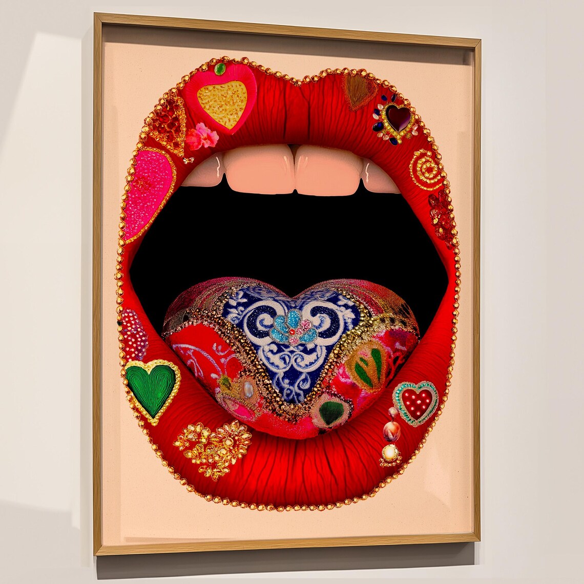 Jeweled Romantic Red Lips Embroidered Maximalist Glam Pop Art Poster