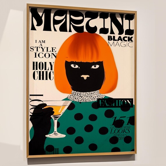 Black Cat Martini Cocktail Retro Bar Fashion Magazine Style Art Poster