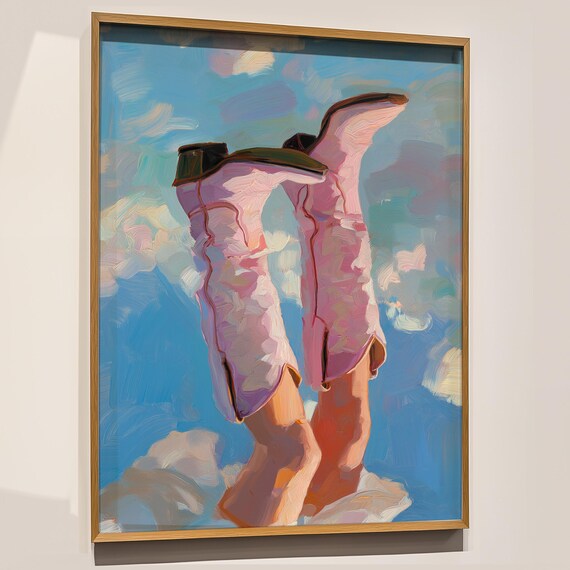 Surreal Pink Cowboy Boots Floating In Bright Blue Sky Wall Art