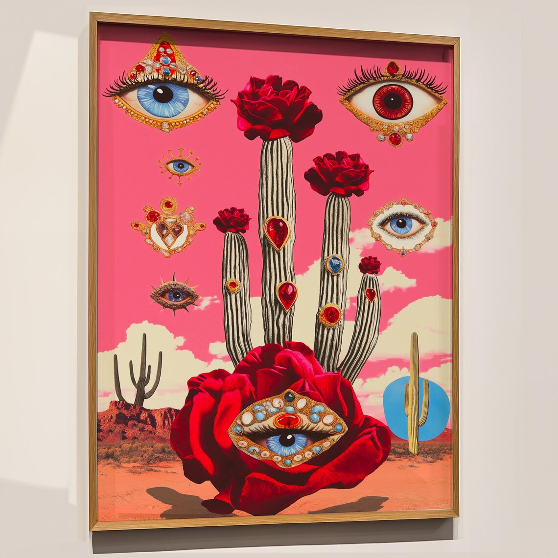 Surreal Cactus Roses Bejeweled Eyes Pink Desert Collage Art Poster
