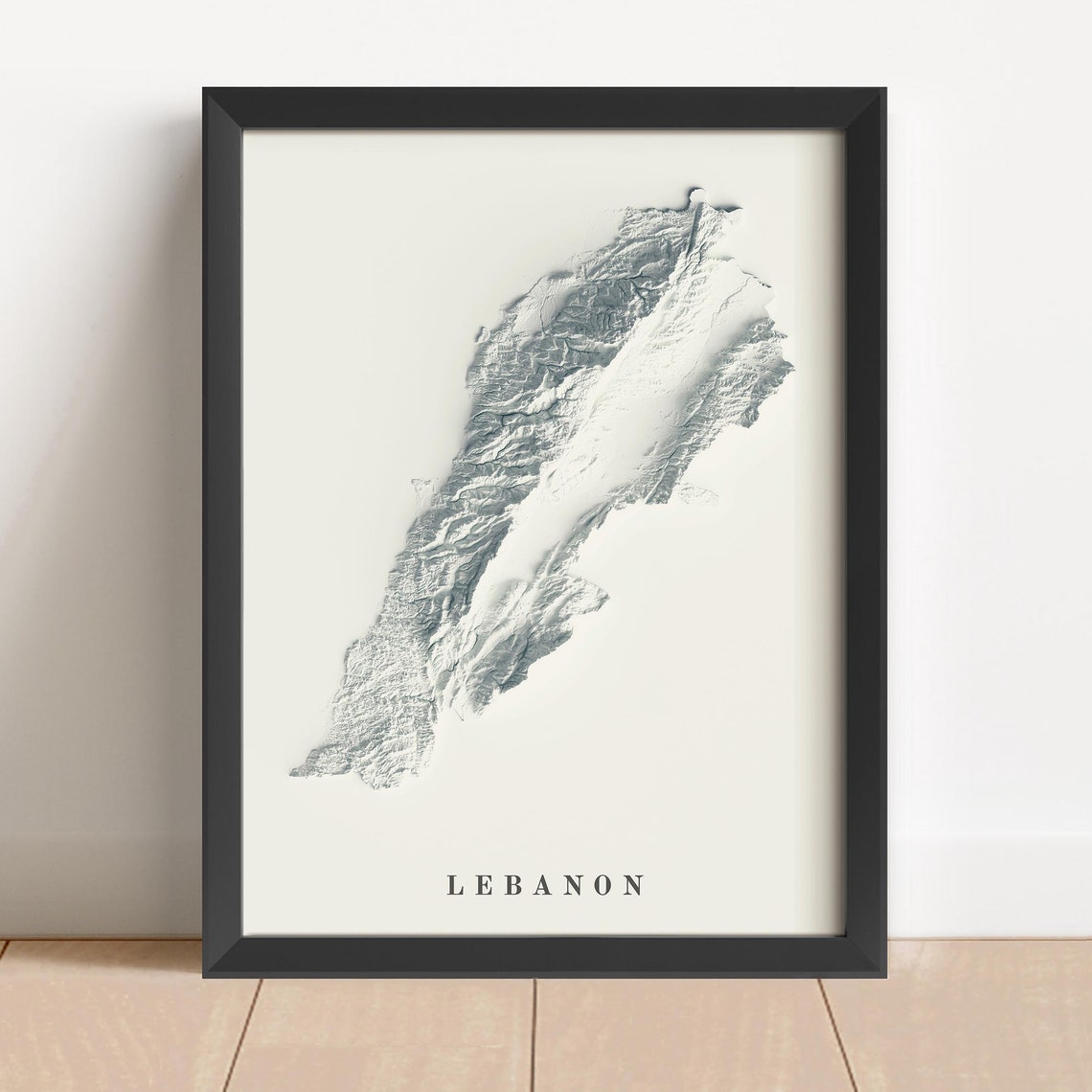 Modern Minimalist Lebanon Monochrome Terrain Relief Map Wall Art