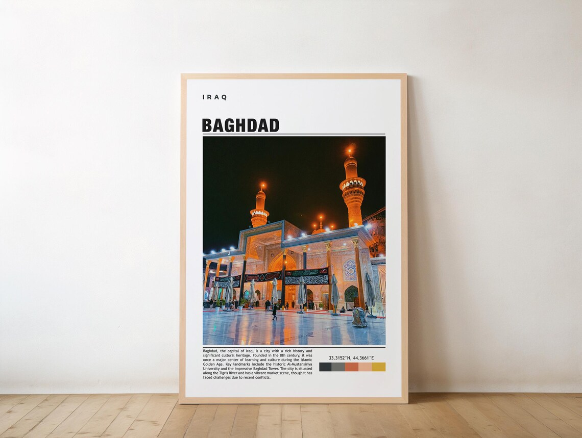 Baghdad Iraq Golden Mosque Night Middle East Travel Photo Print