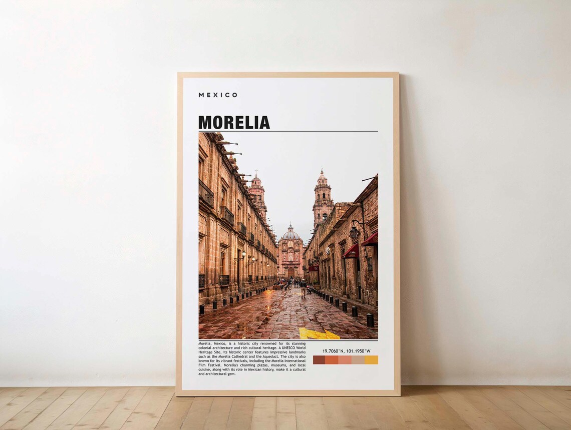 Morelia Mexico Colonial Street Cathedral Minimalist Travel Poster