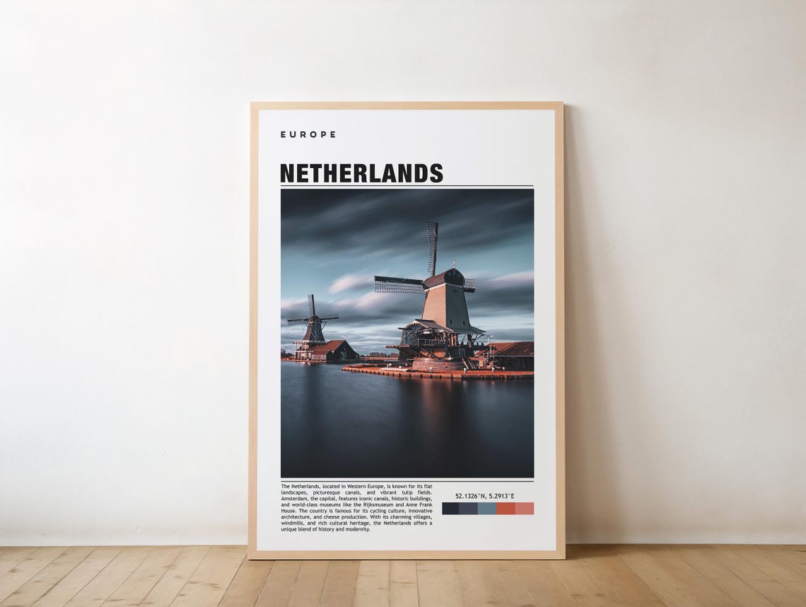 Netherlands Dutch Windmills Canal Twilight Europe Travel Poster