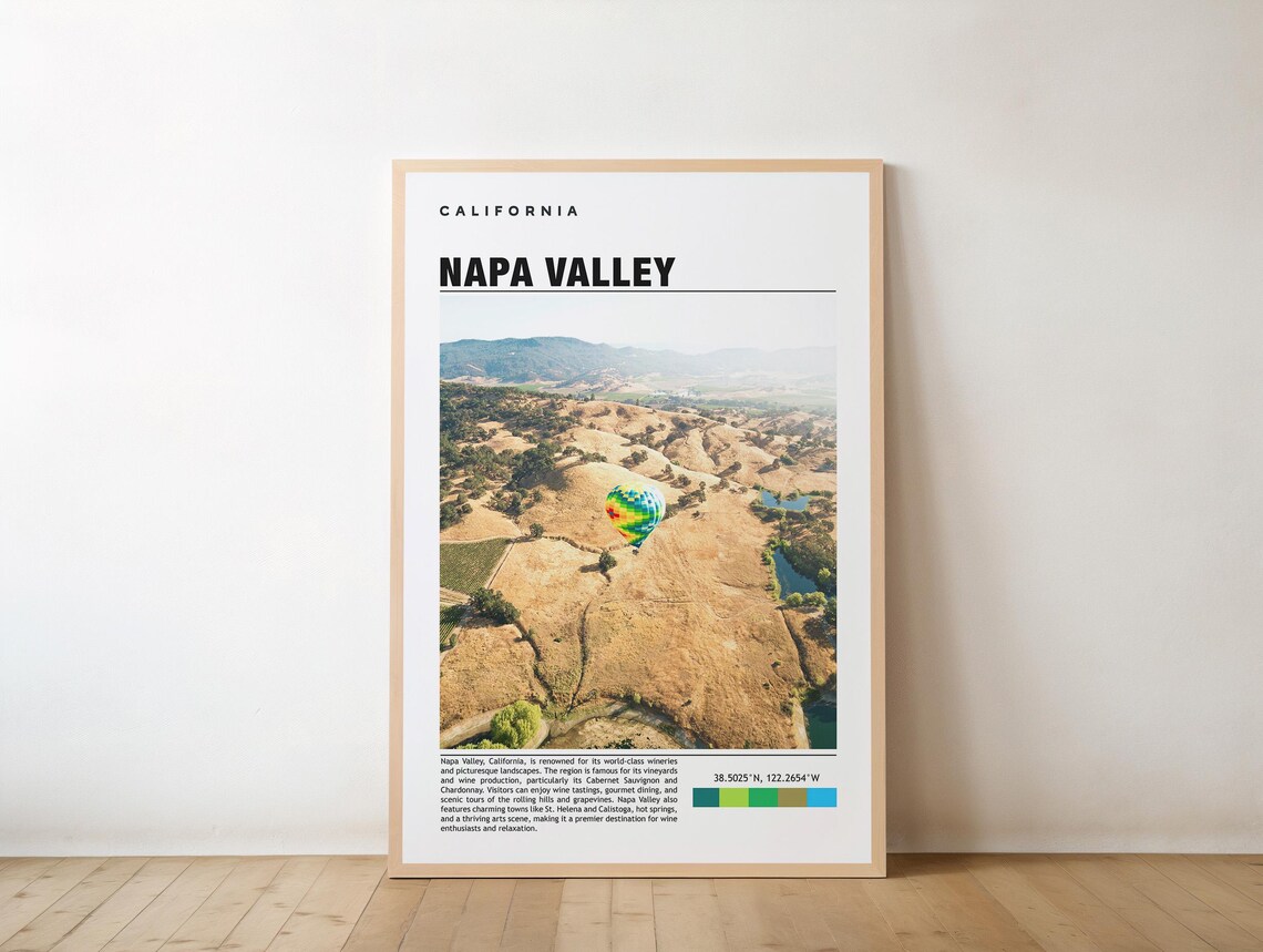 Napa Valley California Hot Air Balloon Over Vineyard Hills Travel Poster