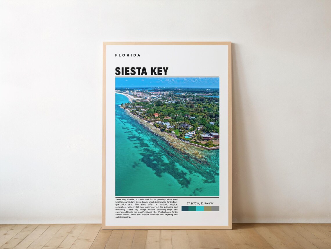 Siesta Key Florida Aerial Beach Travel Poster Turquoise Coastline View