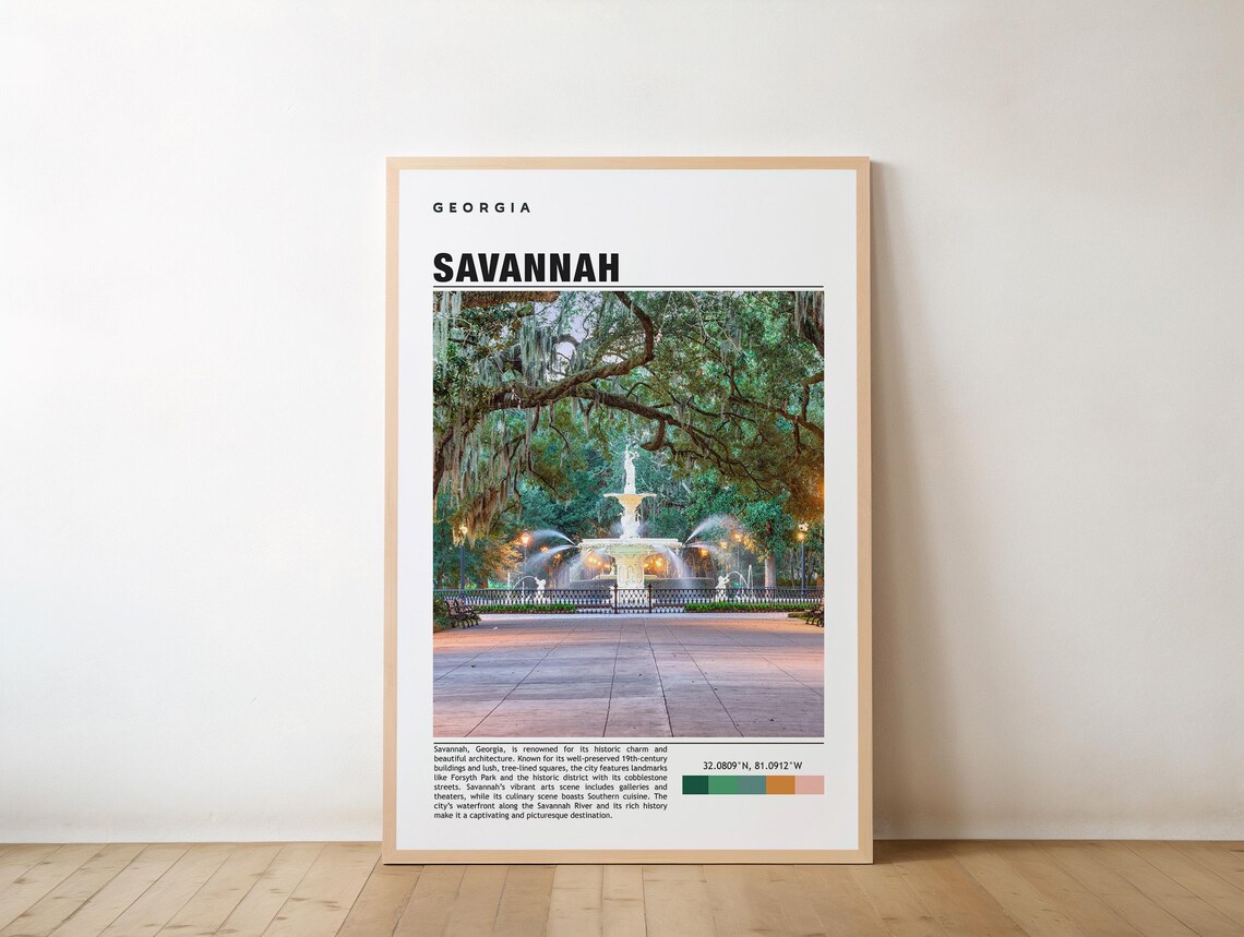 Savannah Georgia Forsyth Park Fountain Spanish Moss Oaks City Travel Poster