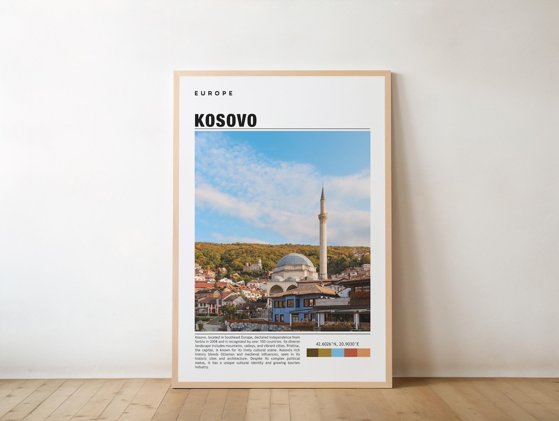 Kosovo Europe Ottoman Mosque Minaret Historic Old Town Travel Poster