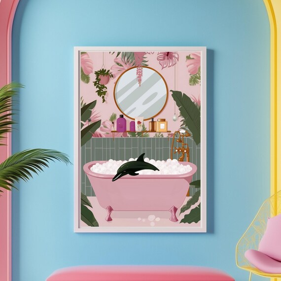 Dolphin In Pink Bathtub Funny Bathroom Animal Illustration Poster