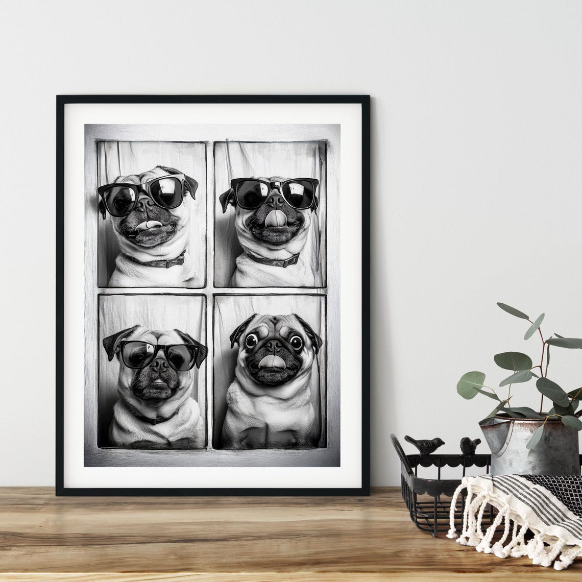 Pug Sunglasses Four Panel Funny Black White Photo Booth Style Poster