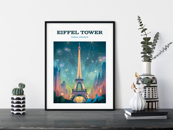 Eiffel Tower Paris France Retro Travel Poster Fireworks Night Sky