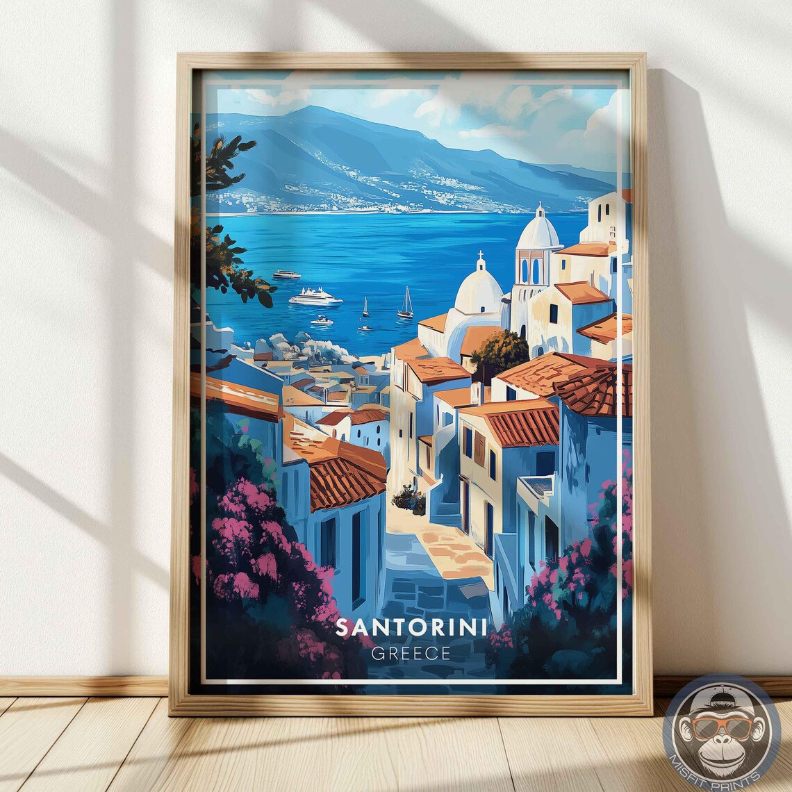 Santorini Greece Aegean Coast Village Blue Domes Travel Poster