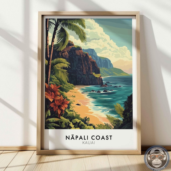 Napali Coast Kauai Palm Framed Cove Golden Beach Tropical Art Print