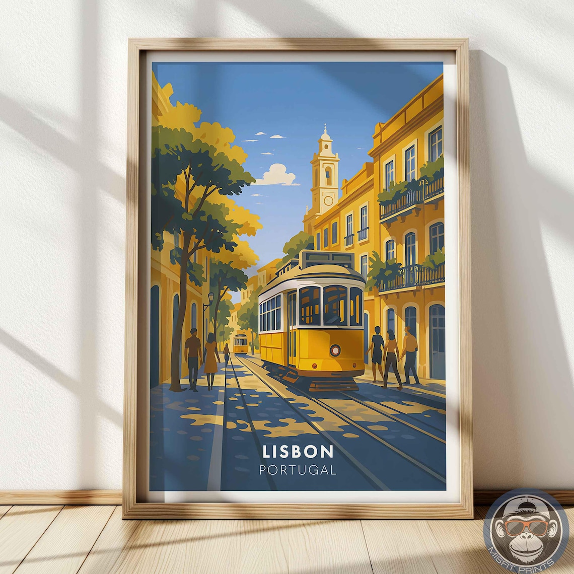 Lisbon Portugal Yellow Tram Sunny Street Vintage Travel Poster
