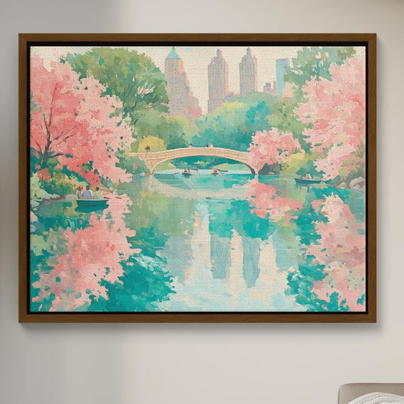 Central Park Cherry Blossoms Watercolor Bow Bridge Spring Landscape With Reflections Skyline Boats Tranquil Nyc Wall Art For Home