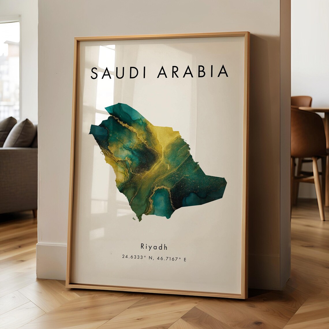 Saudi Arabia Country Map Green And Gold Marble Art Riyadh Coordinates Poster