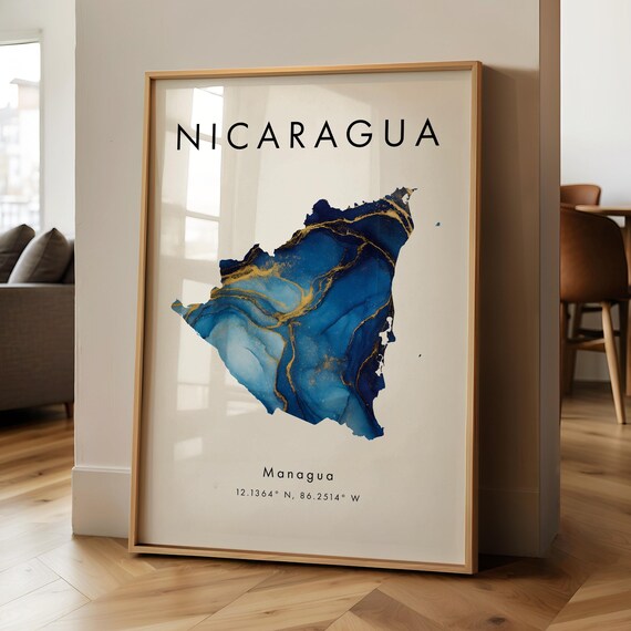 Nicaragua Map Printed Poster Blue And Gold North America Geography Gift Wallpaper