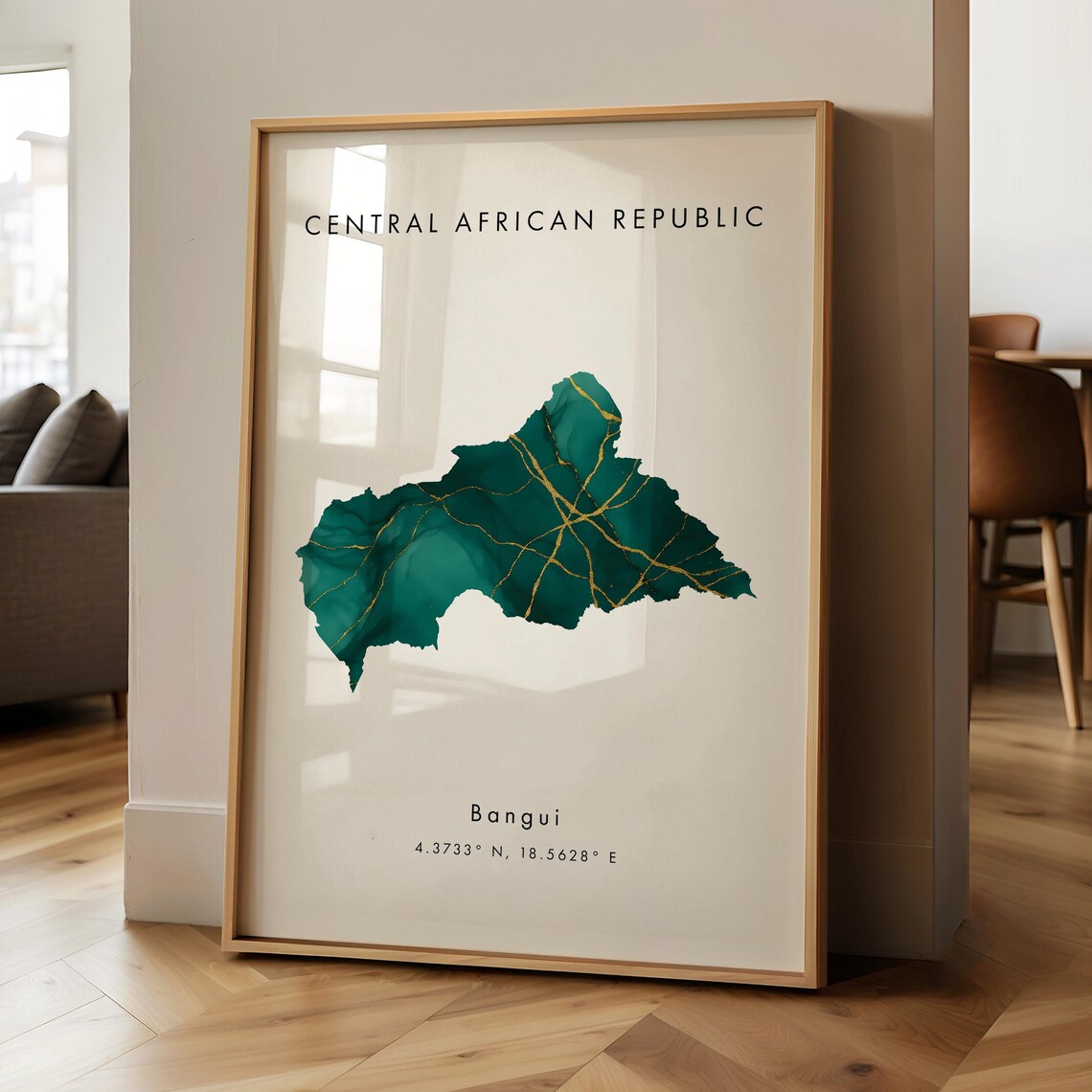 Central African Republic Map Printed Poster Green And Gold Africa Geography Gift Wallpaper