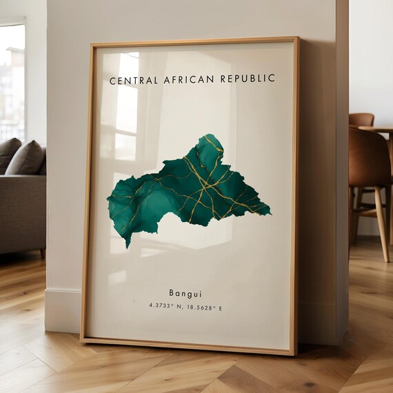 Central African Republic Map Printed Poster Green And Gold Africa Geography Gift Wallpaper