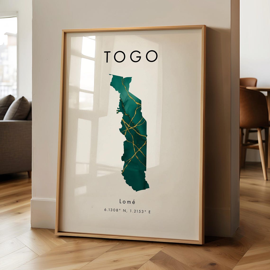 Togo Map Poster Green Gold Marble Style with Lome Coordinates