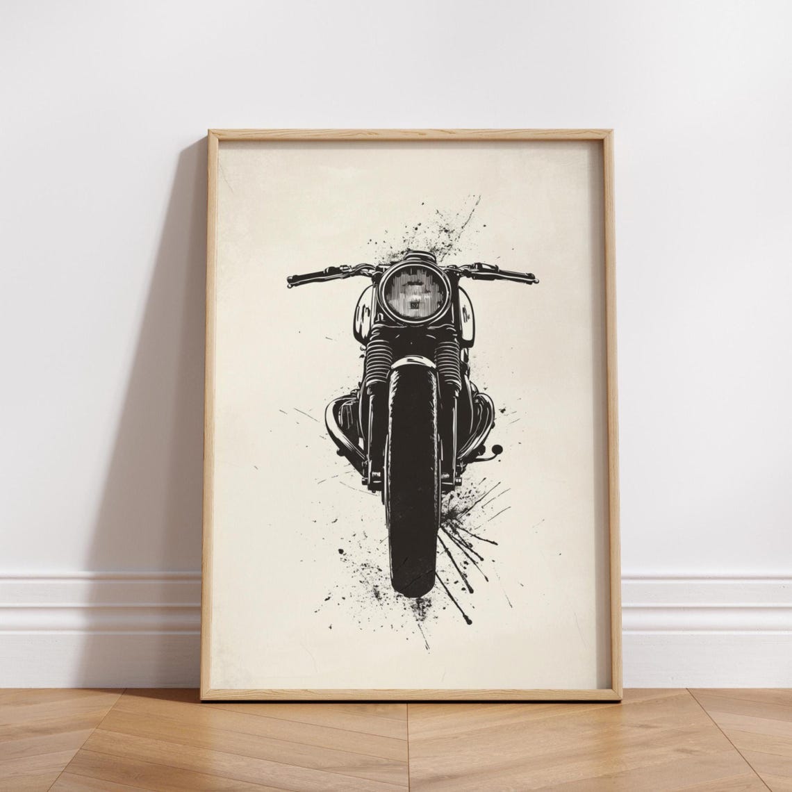 Motorcycle Front View Black Ink Splash Minimalist Art Poster