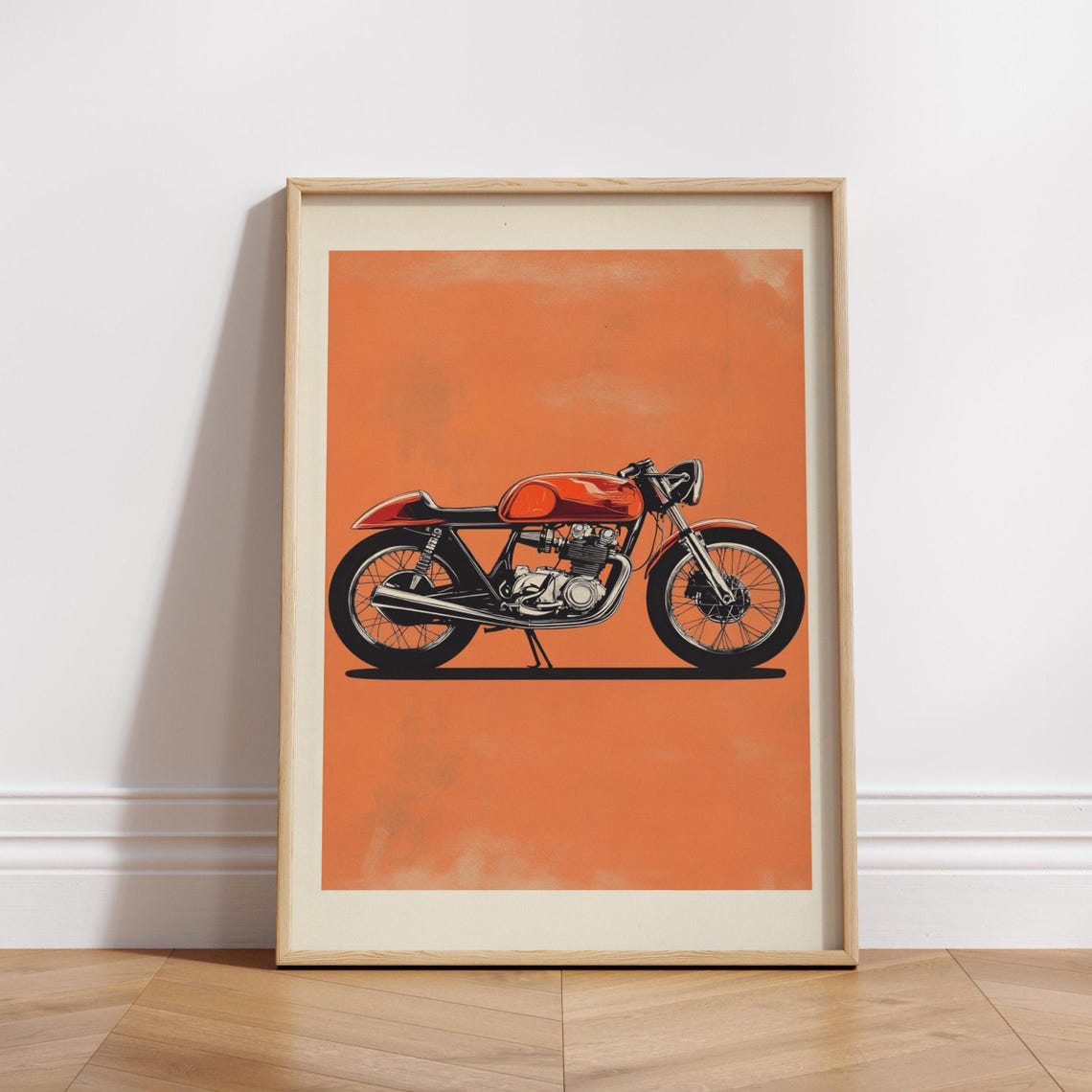 Red Vintage Cafe Racer Motorcycle Orange Pop Art Garage Poster