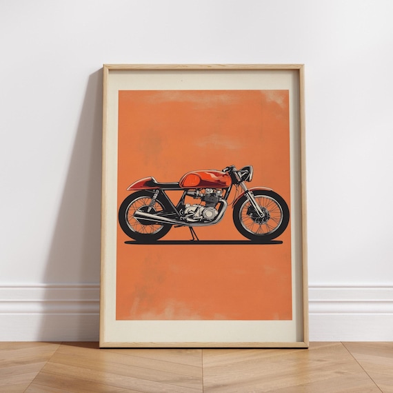 Red Vintage Cafe Racer Motorcycle Orange Pop Art Garage Poster