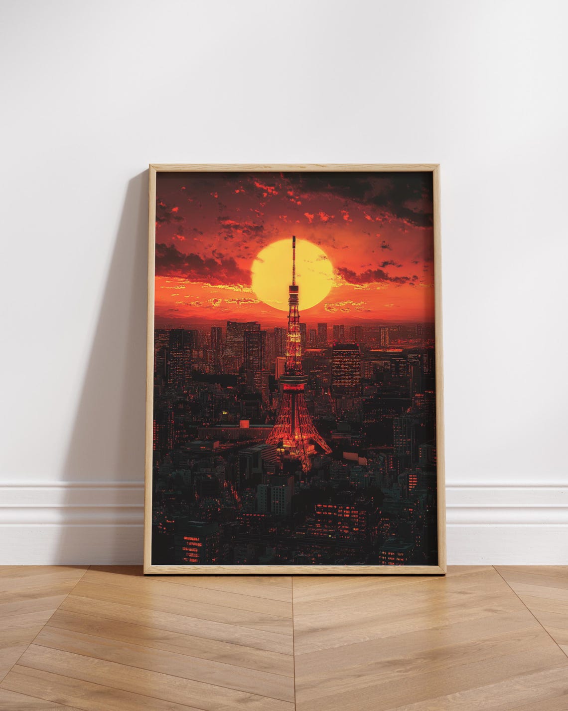 Dramatic Tokyo Tower Sunset Giant Red Sun City Skyline Art Poster