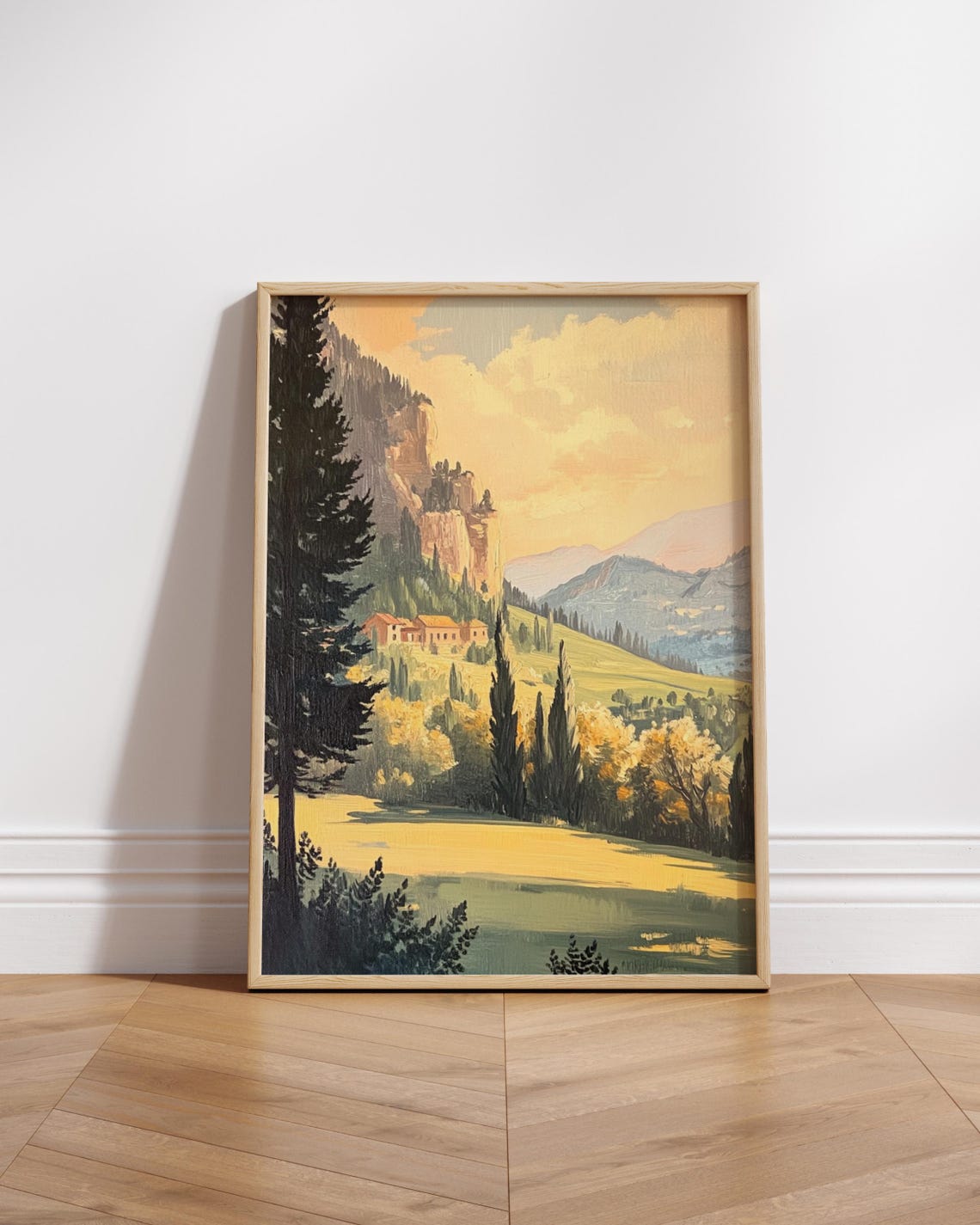 Serene Golden Mountain Lake Cliff Castle Vintage Travel Poster