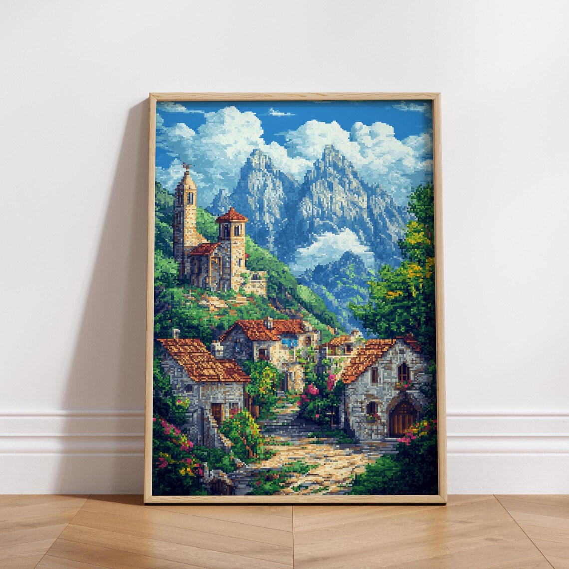 8bit Medieval Village Poster Retro Pixel Art Castle Print