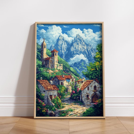 8bit Medieval Village Poster Retro Pixel Art Castle Print