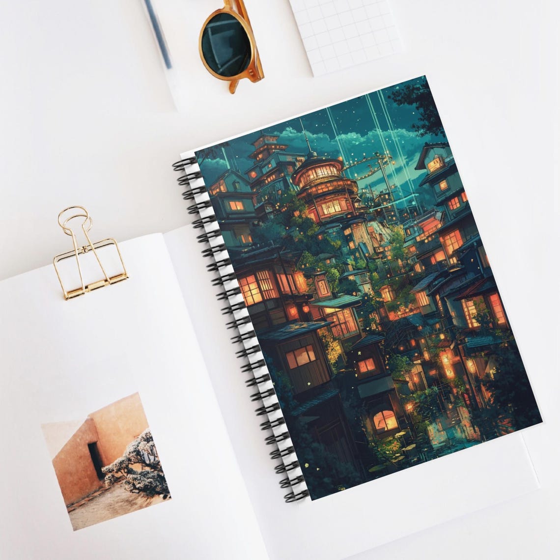 Dreamy Anime Lantern Lit Night City Cover Art Spiral Notebook Print - Image 2
