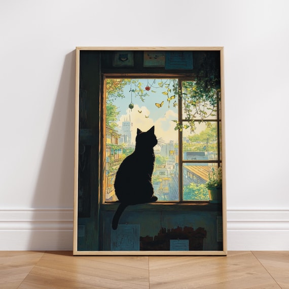 Cat Silhouette Window Scene Matte Posters Cozy Home Decor Lover Gift Wall Art Room Decoration