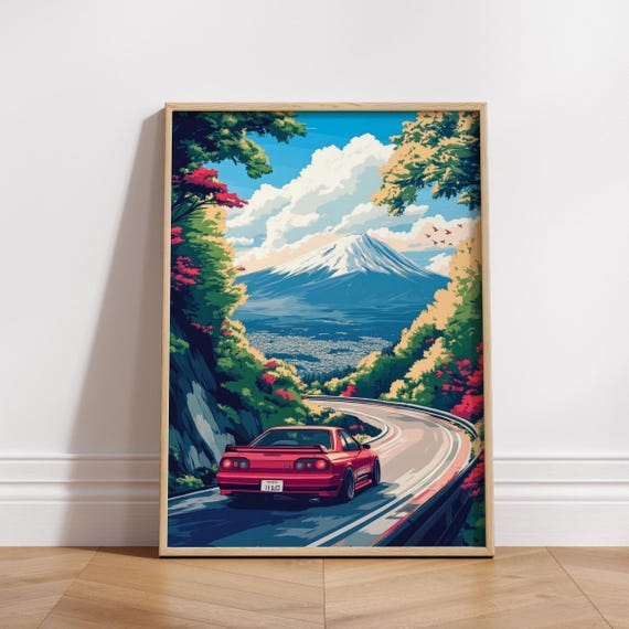 Jdm Car Art Print With Mount Fuji Japanese Skyline Poster Red Sports Wall Decor Retro Drift Scene Lover Gift