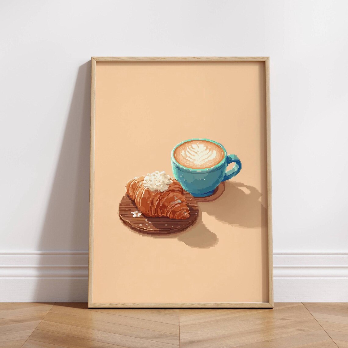 8bit Cafe Poster Pixel Art Coffee And Croissant Wall Print Cozy Kitchen Decor Retro Breakfast