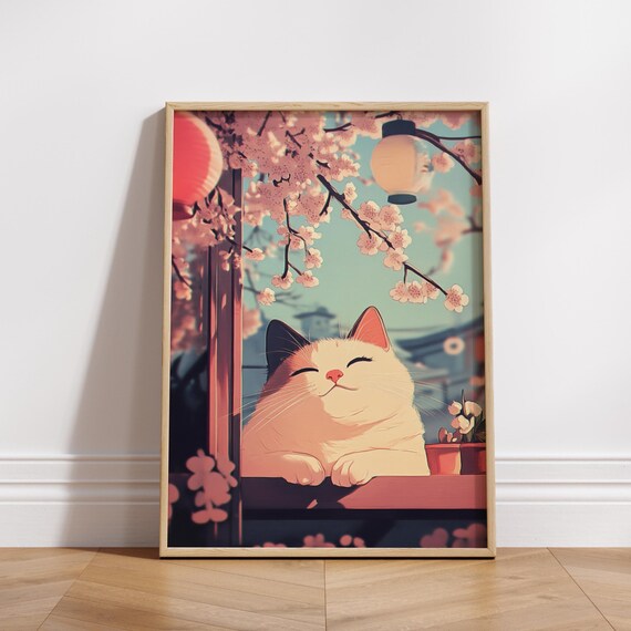 Kawaii Charming Cat Poster Art Cozy Home Decor Feline Lovers Gift Floral Wall Unique Animal Print Spring