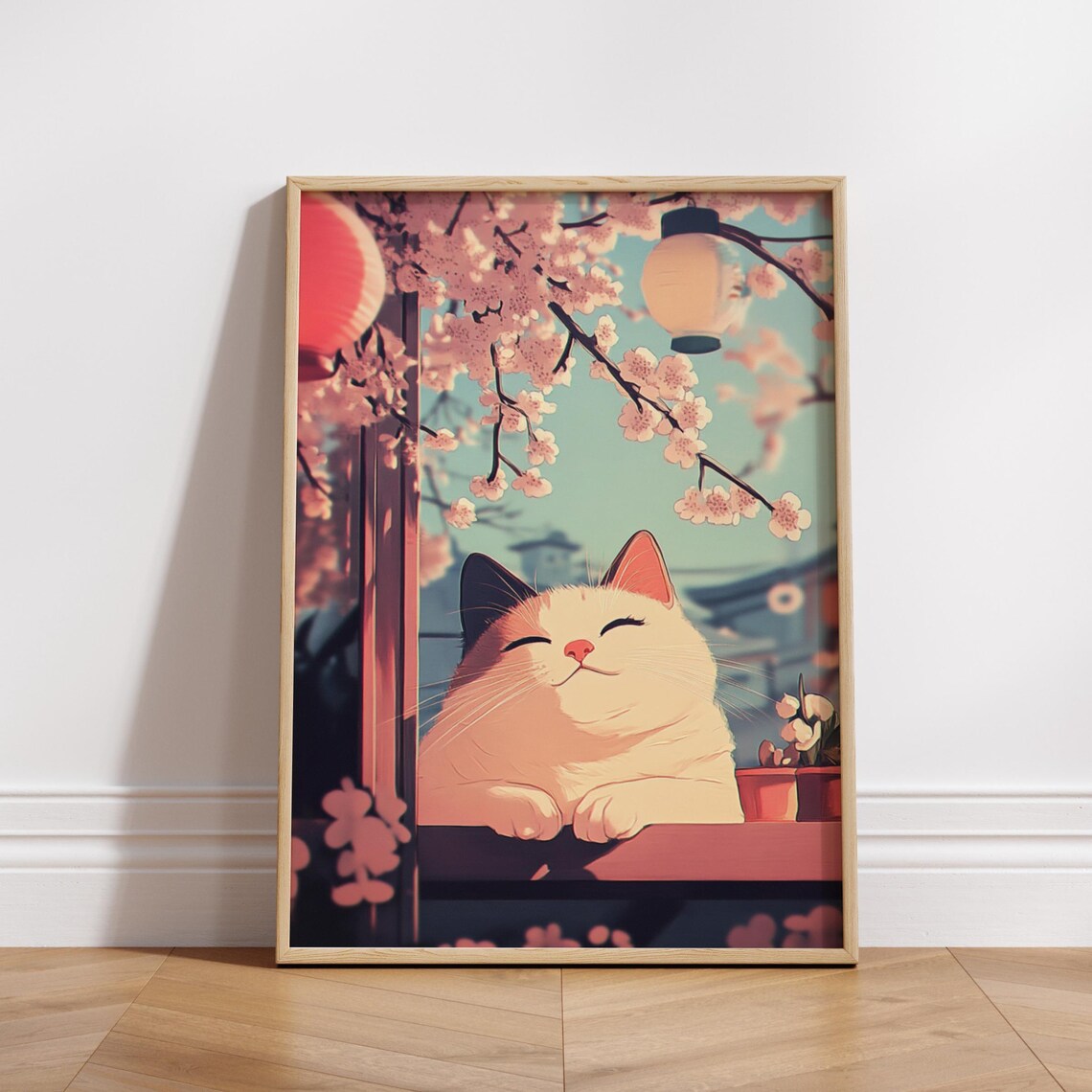 Kawaii Smiling Cat Cherry Blossom Japanese Lantern Anime Poster