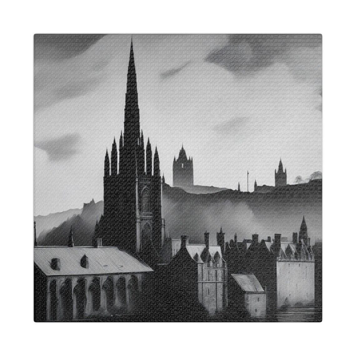 Black And White Scenic Cityscape, Gothic Architecture Art Print