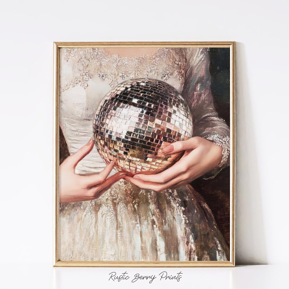 Champagne Gown Lady Holding Disco Ball Antique Painting Print