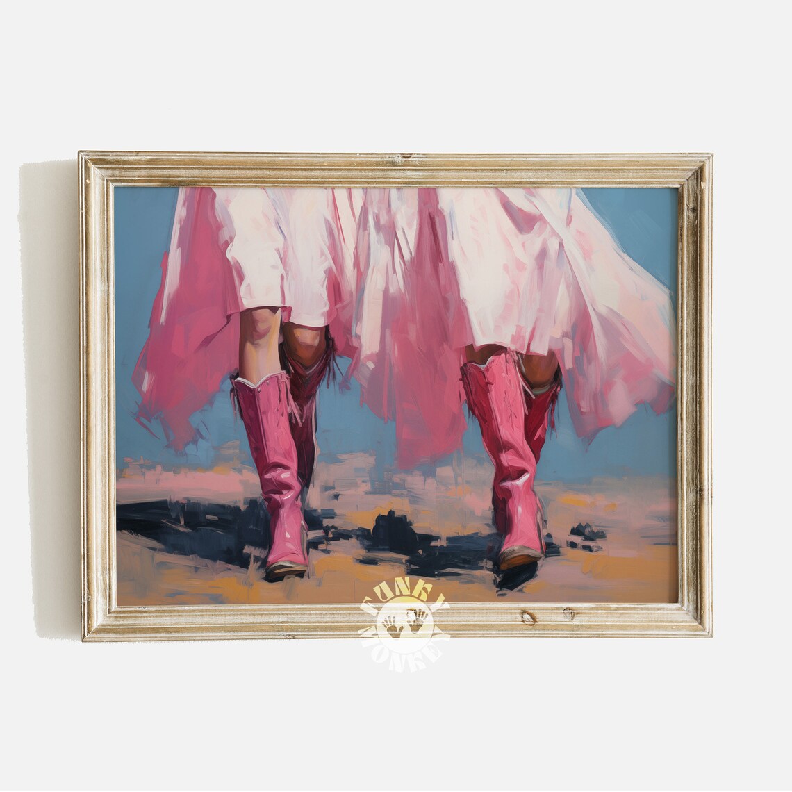 Cowgirl in Pink Boots and Twirl Skirt Sunset Western Art Poster